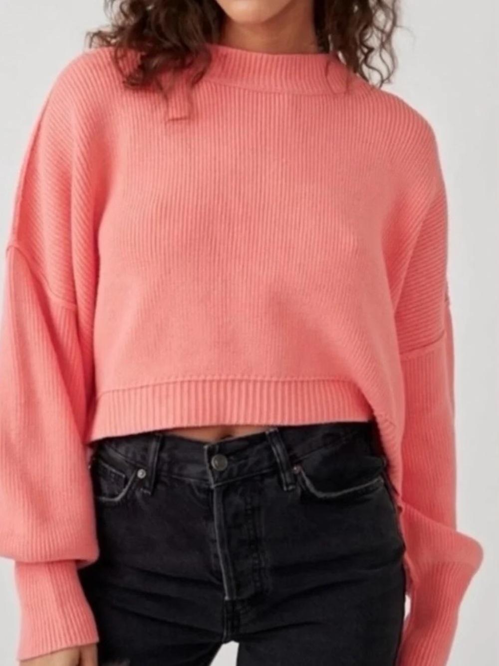 Free People Easy Street Ribbed Boxy Cropped Sweater Coal Pink Oversized Size M